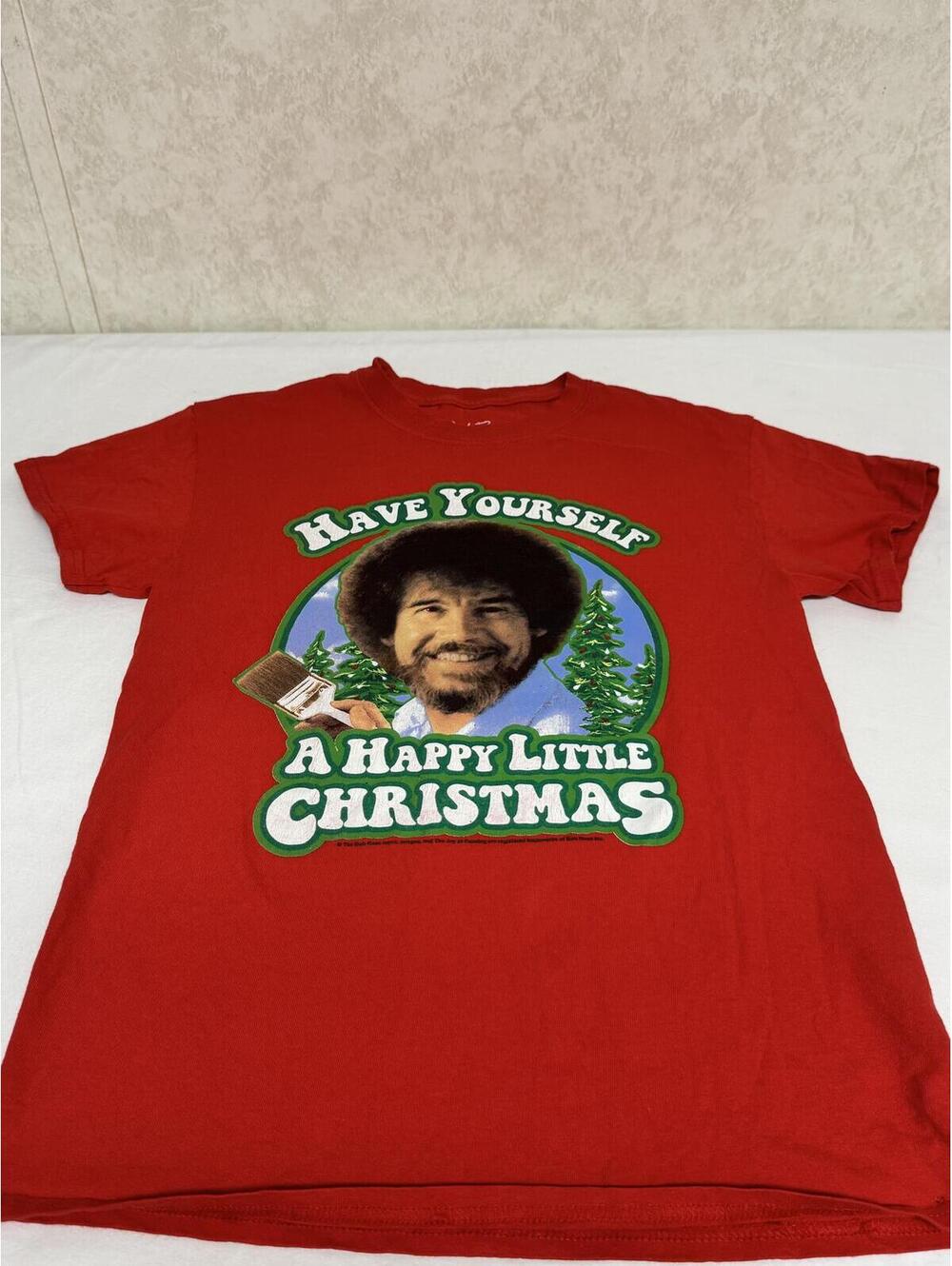 Officially Licensed Bob Ross Red Christmas Graphic T-Shirt - Size Small (S)